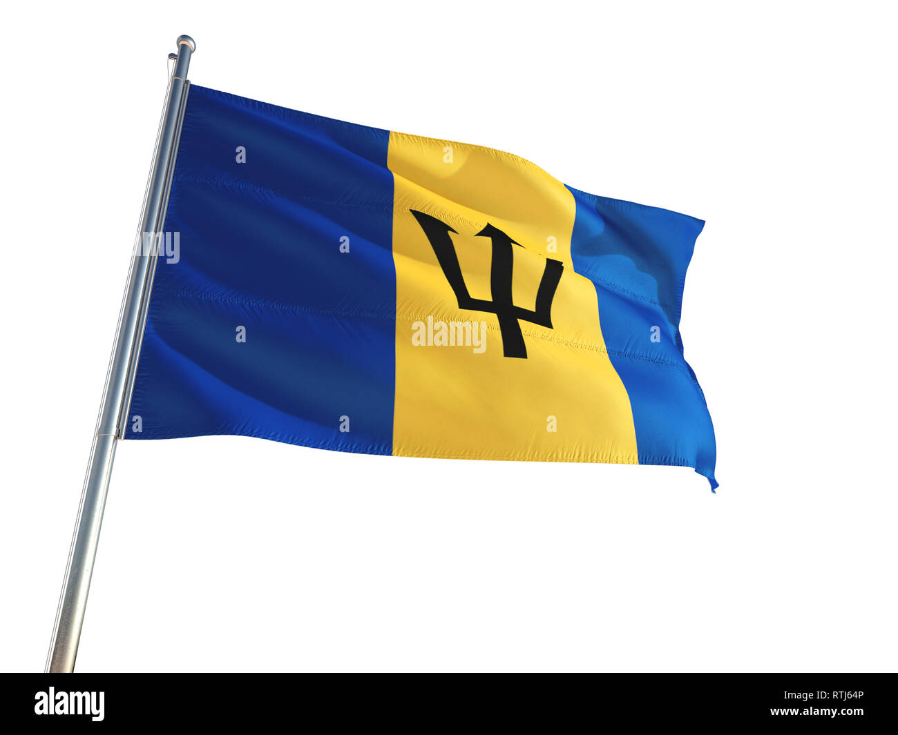 Barbados National Flag waving in the wind, isolated white background