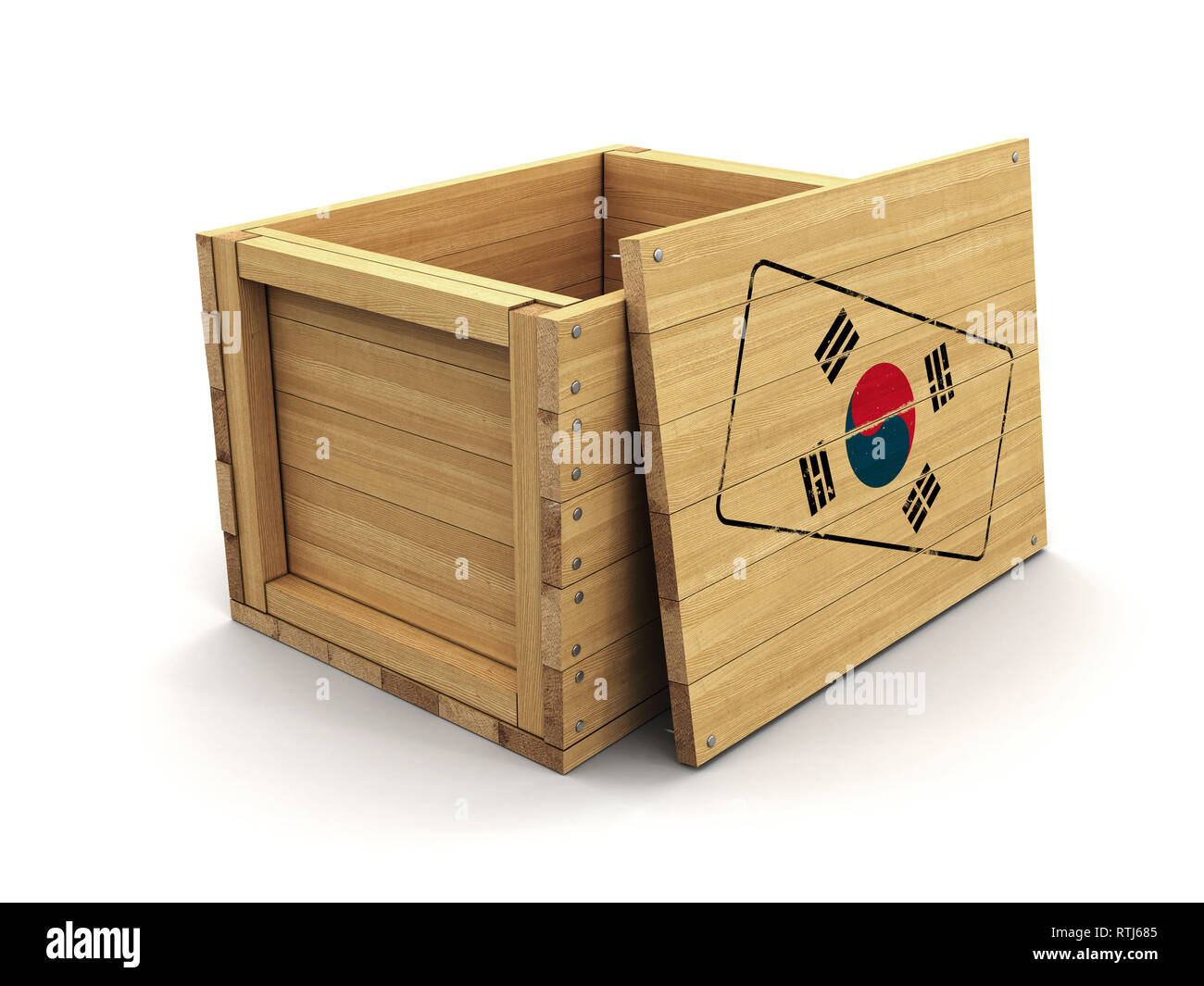 Wooden crate with stamp South Korean flag. Image with clipping path ...