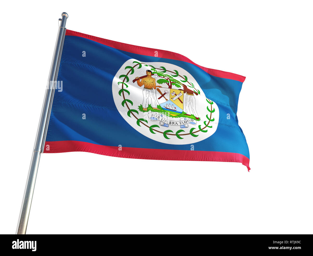 Belize National Flag waving in the wind, isolated white background