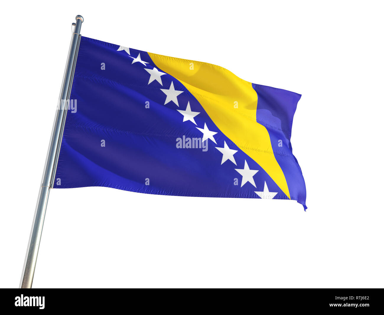 Bosnia Herzegovina National Flag waving in the wind, isolated white background. High Definition Stock Photo