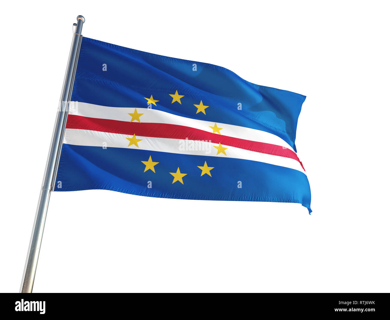 Cape Verde National Flag waving in the wind, isolated white background. High Definition Stock Photo