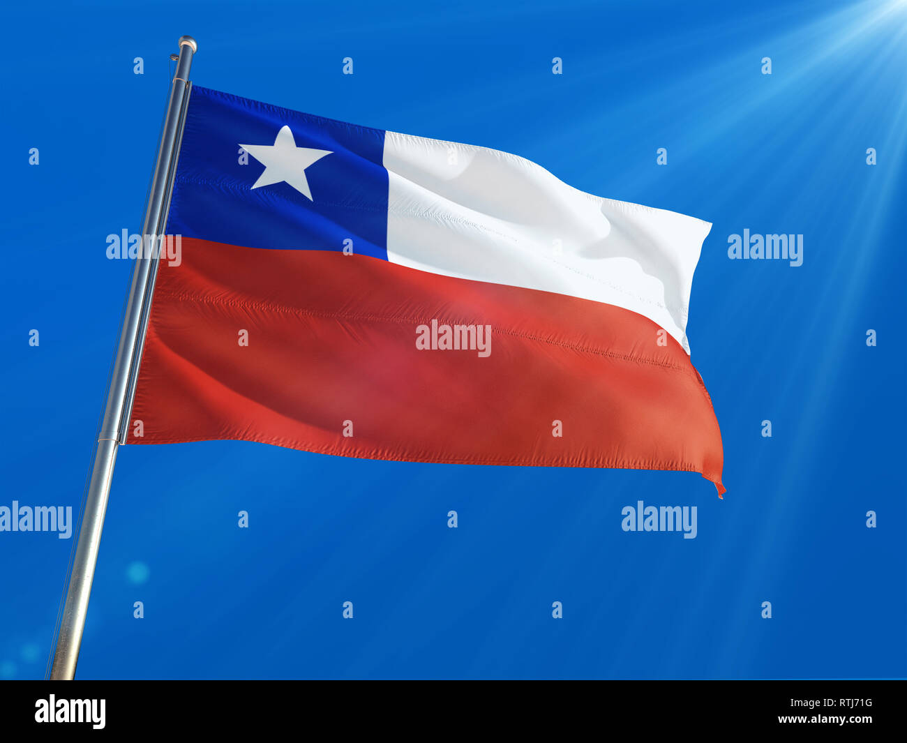 Chile National Flag Waving on pole against deep blue sky background