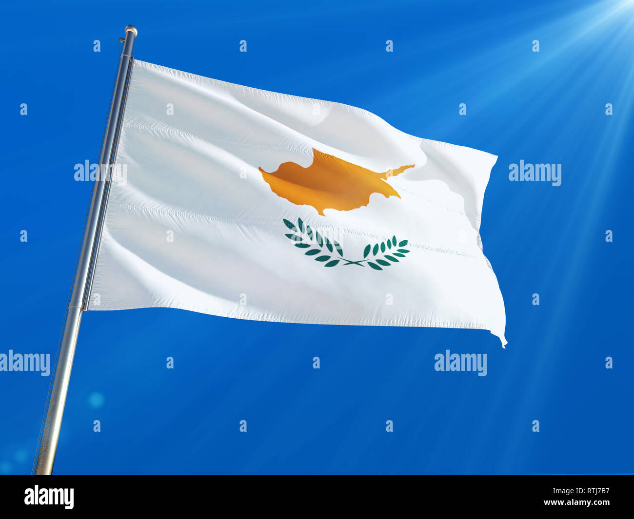 Cyprus National Flag Waving On Pole Against Deep Blue Sky