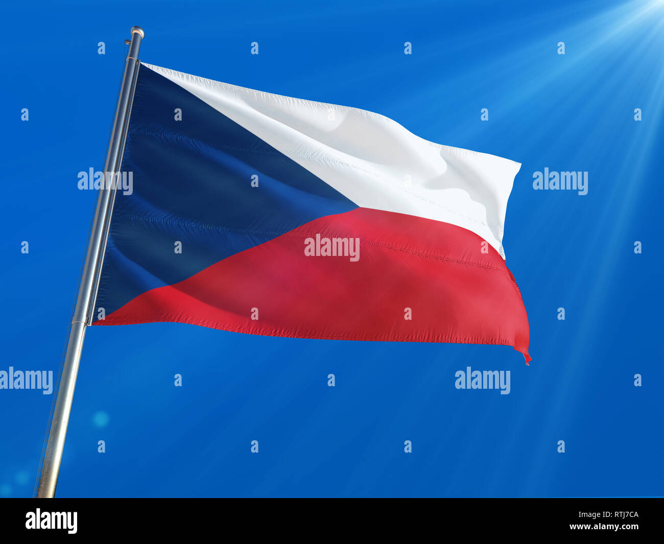 Czech Republic National Flag Waving on pole against deep blue sky background. High Definition