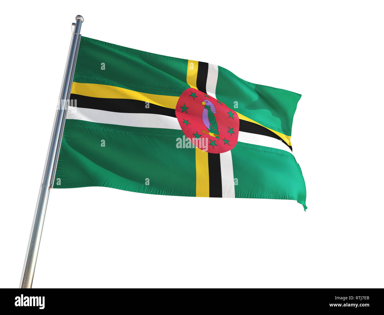 Dominica National Flag waving in the wind, isolated white background ...