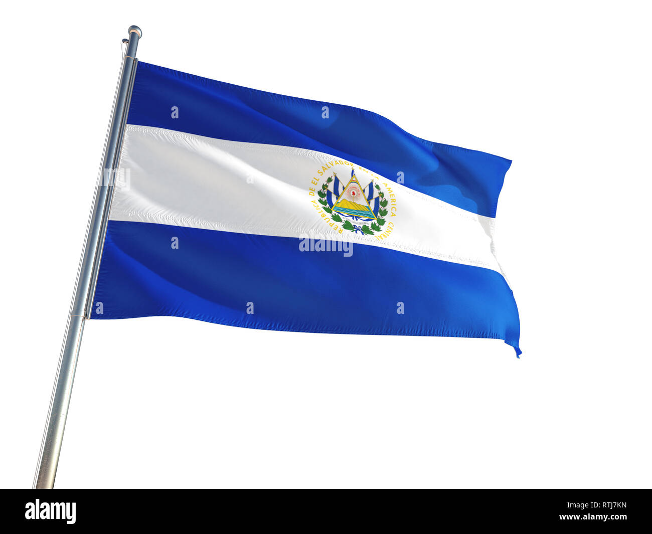 El Salvador National Flag waving in the wind, isolated white background