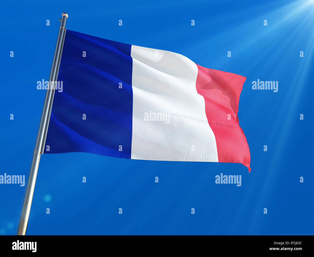 France National Flag Waving On Pole Against Deep Blue Sky Background High Definition Stock Photo Alamy