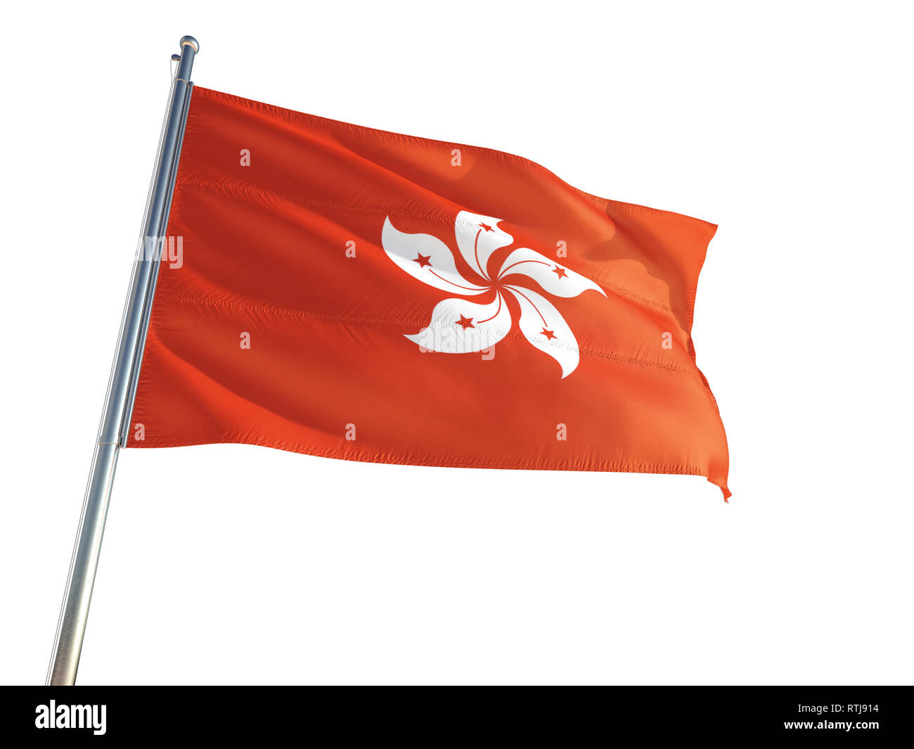 Hong Kong National Flag waving in the wind, isolated white background. High Definition Stock Photo