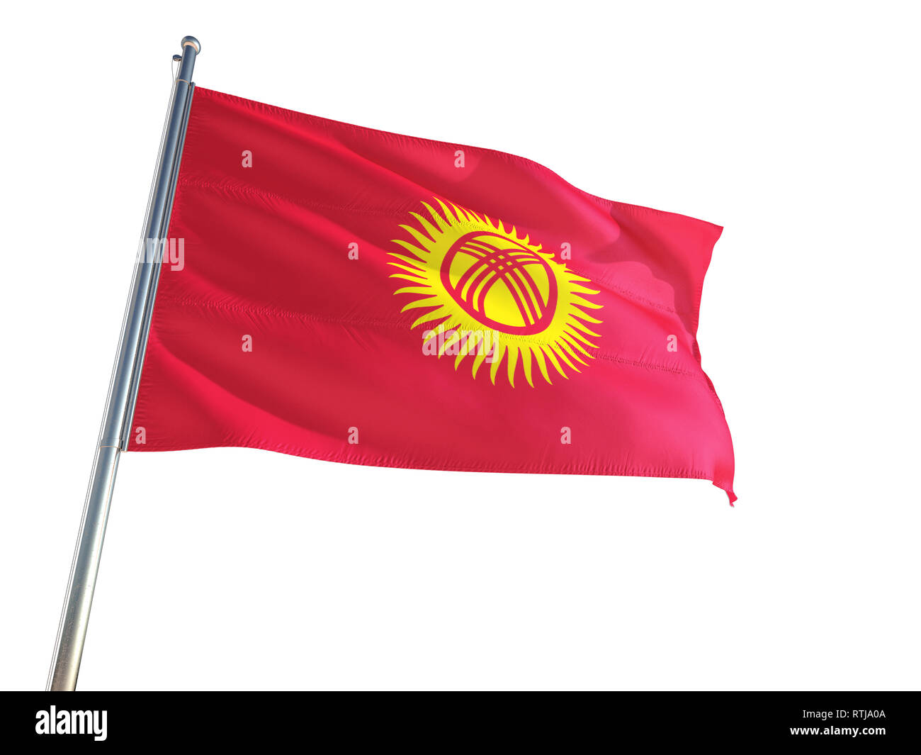 Kyrgyzstan National Flag waving in the wind, isolated white background. High Definition Stock Photo