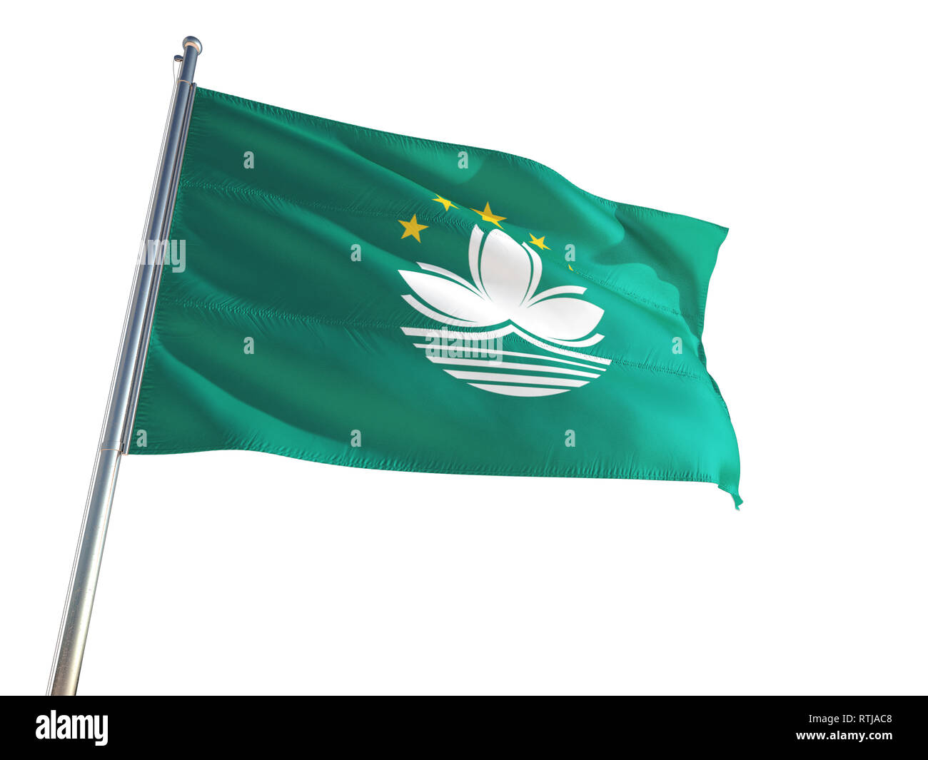 Macao National Flag waving in the wind, isolated white background. High