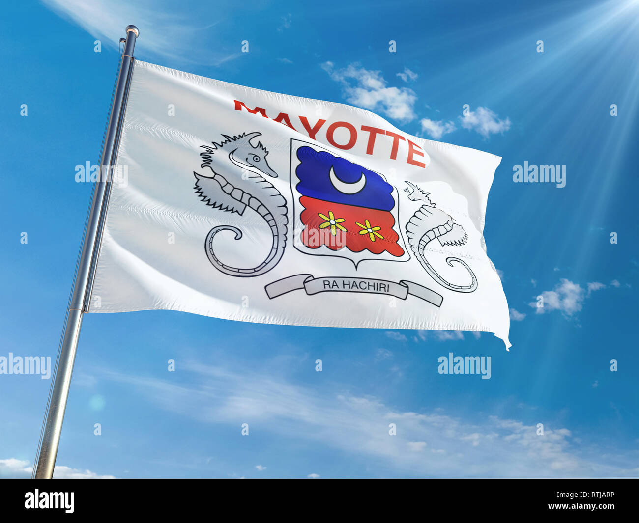 mayotte-national-flag-waving-on-pole-against-sunny-blue-sky-background