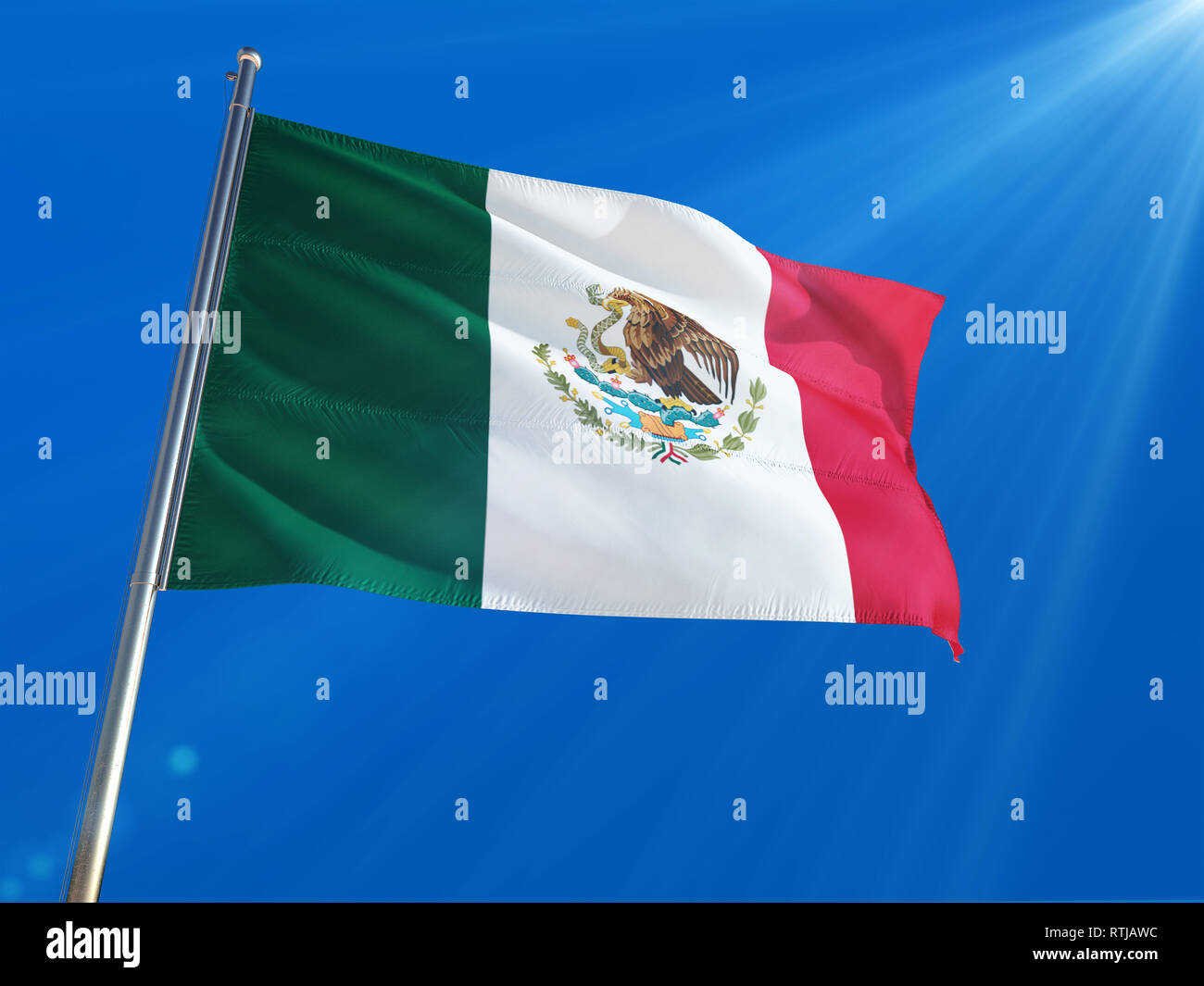 Mexico National Flag Waving on pole against deep blue sky background ...