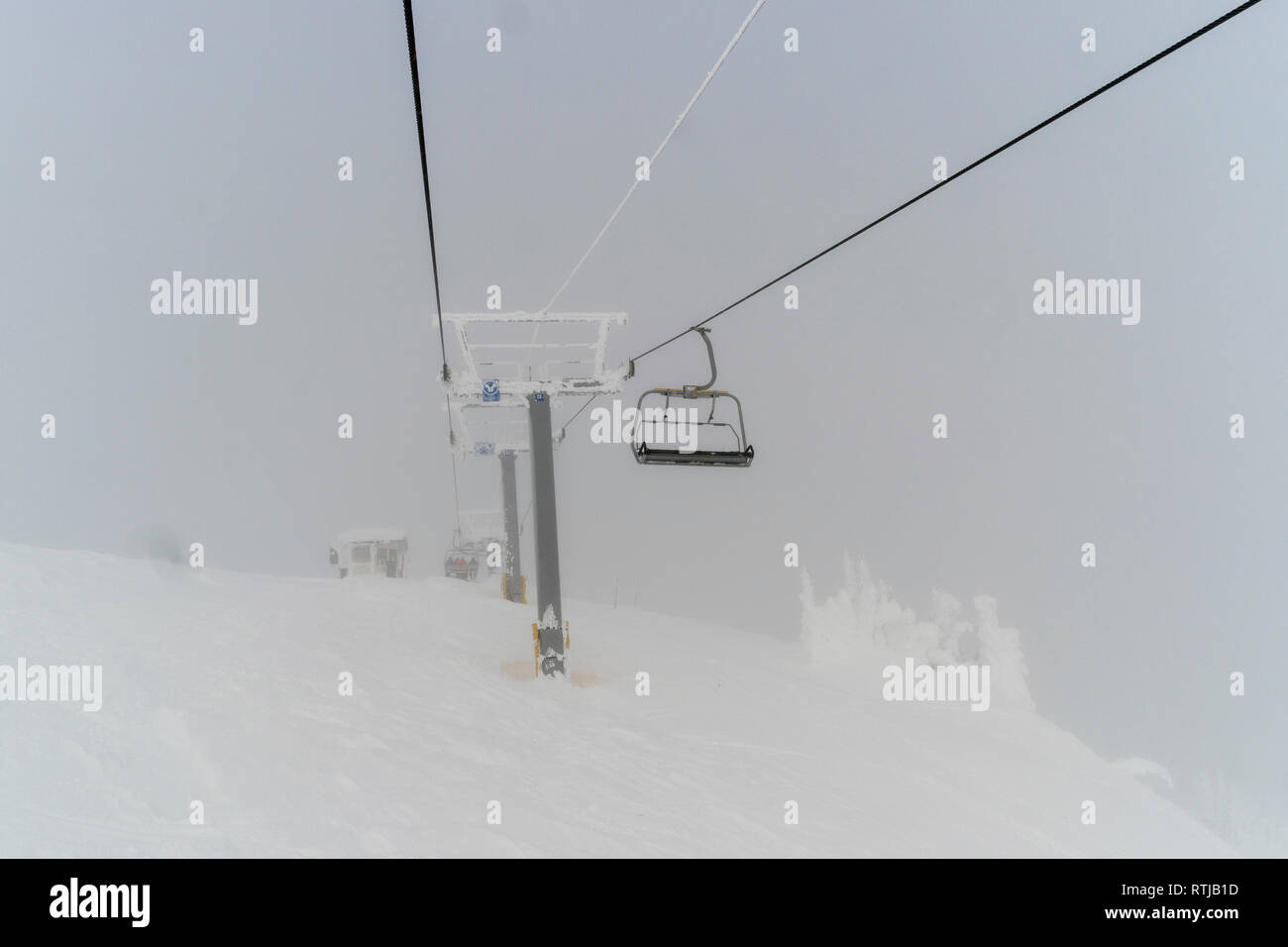 Overhead cable cars over a ski resort, Sun Peaks Resort, Sun Peaks