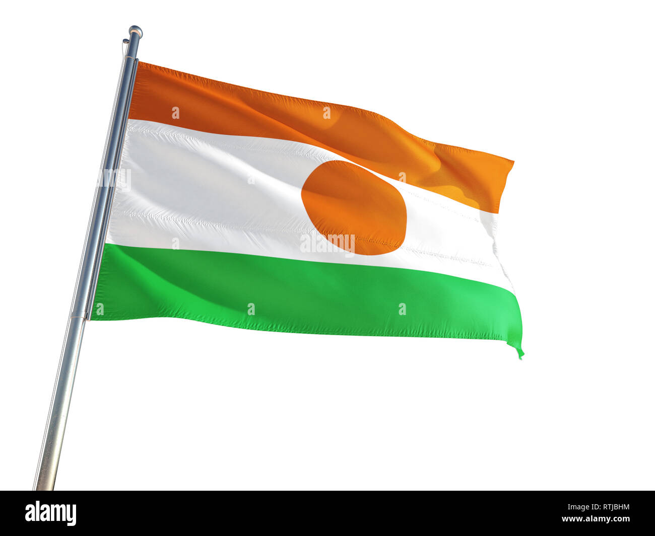 Niger National Flag Waving In The Wind Isolated White Background