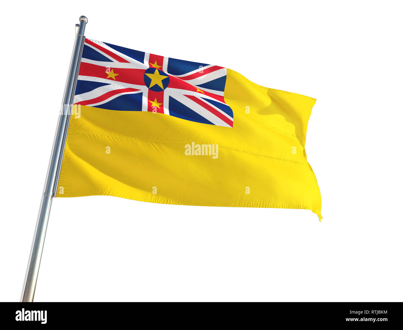 Niue National Flag waving in the wind, isolated white background. High