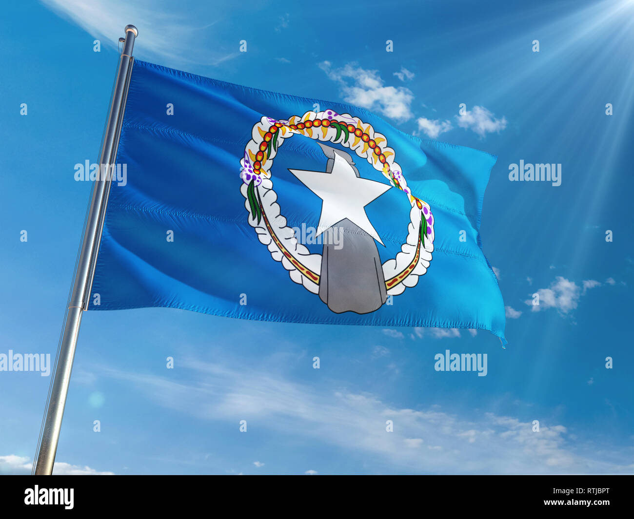 Northern Mariana Islands National Flag Waving on pole against sunny