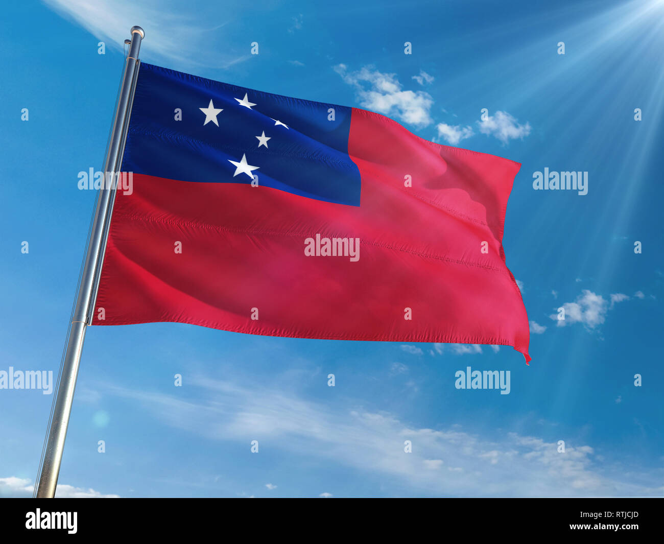 Samoa National Flag Waving on pole against sunny blue sky background