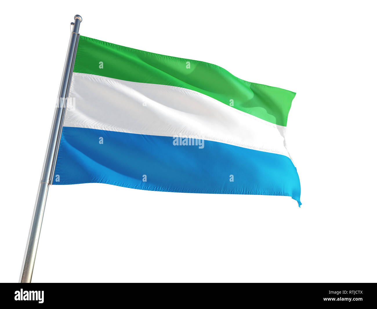 Sierra Leone National Flag waving in the wind, isolated white ...