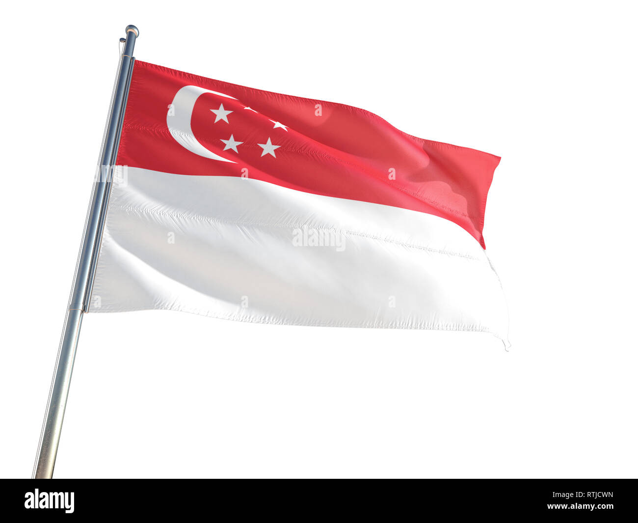 Singapore National Flag waving in the wind, isolated white background