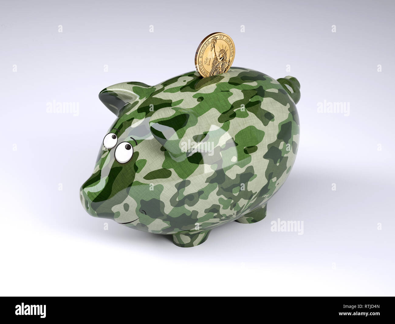 military camouflage painted piggy bank with dollar coin isolated on gray background , 3d illustration Stock Photo