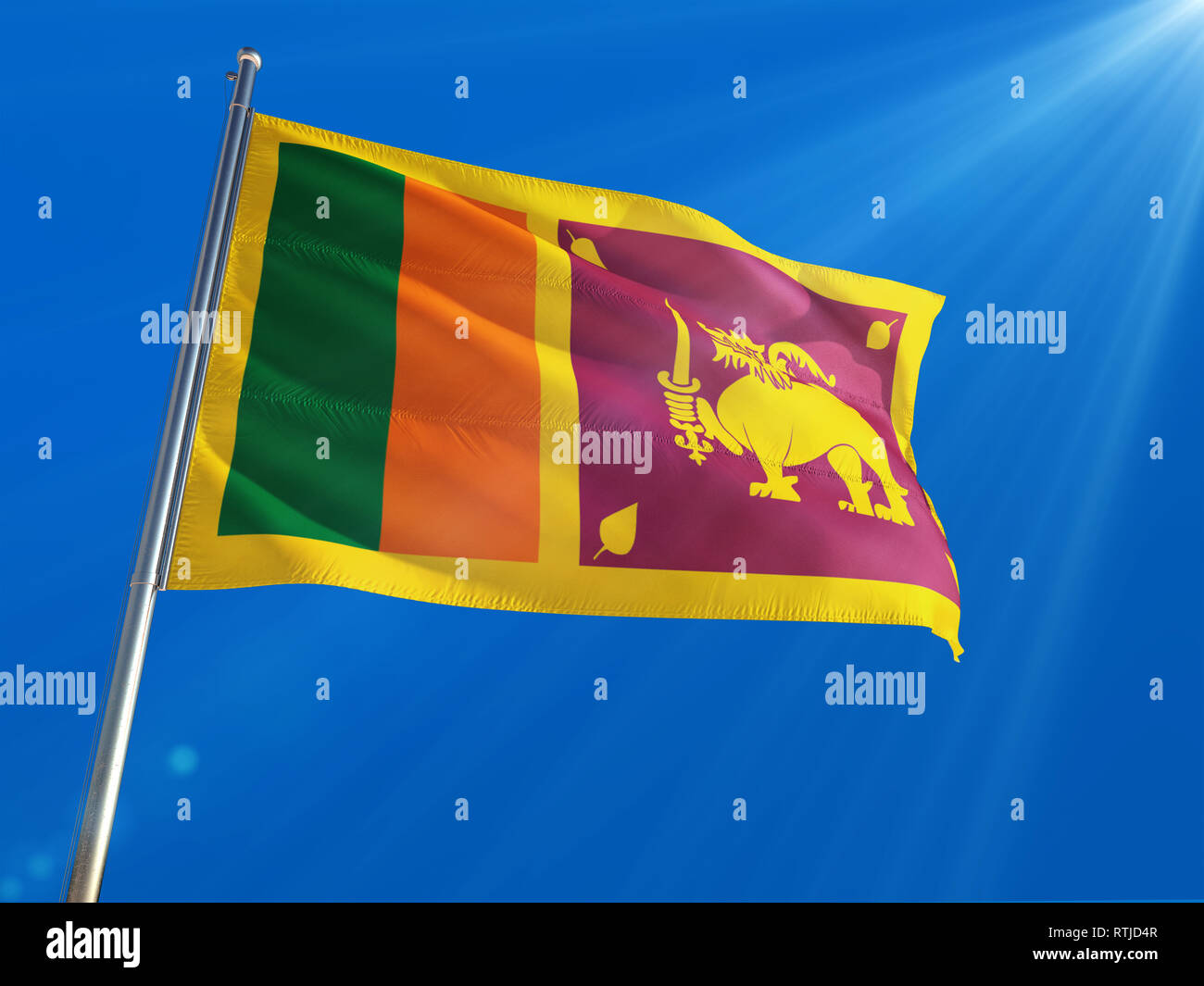 Sri Lanka National Flag Waving On Pole Against Deep Blue Sky