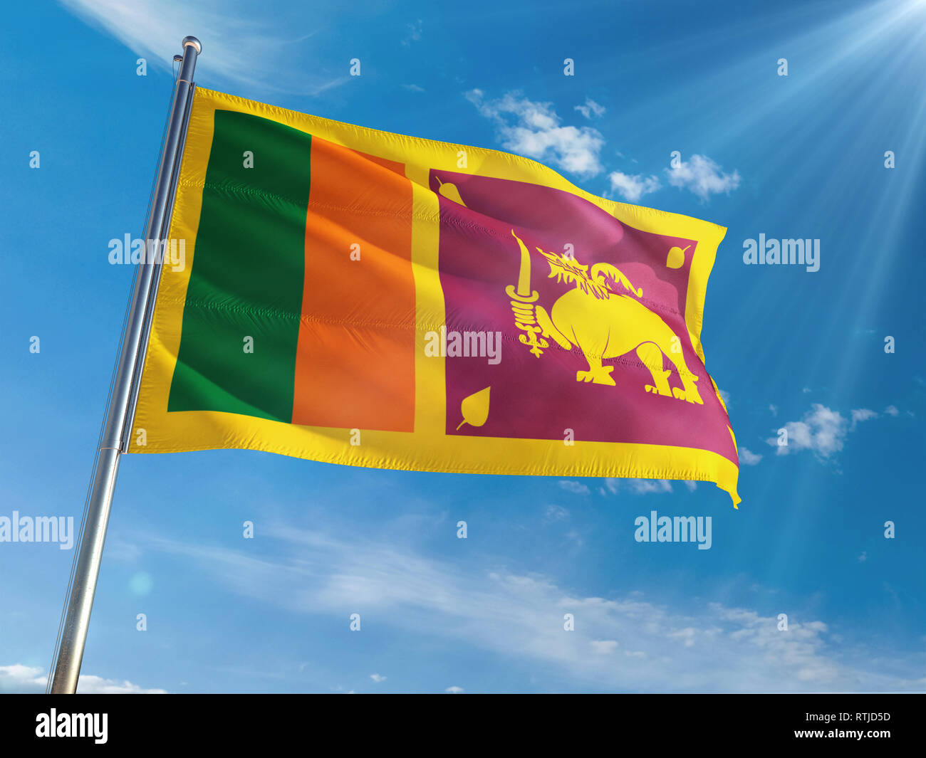 Sri Lanka National Flag Waving On Pole Against Sunny Blue Sky