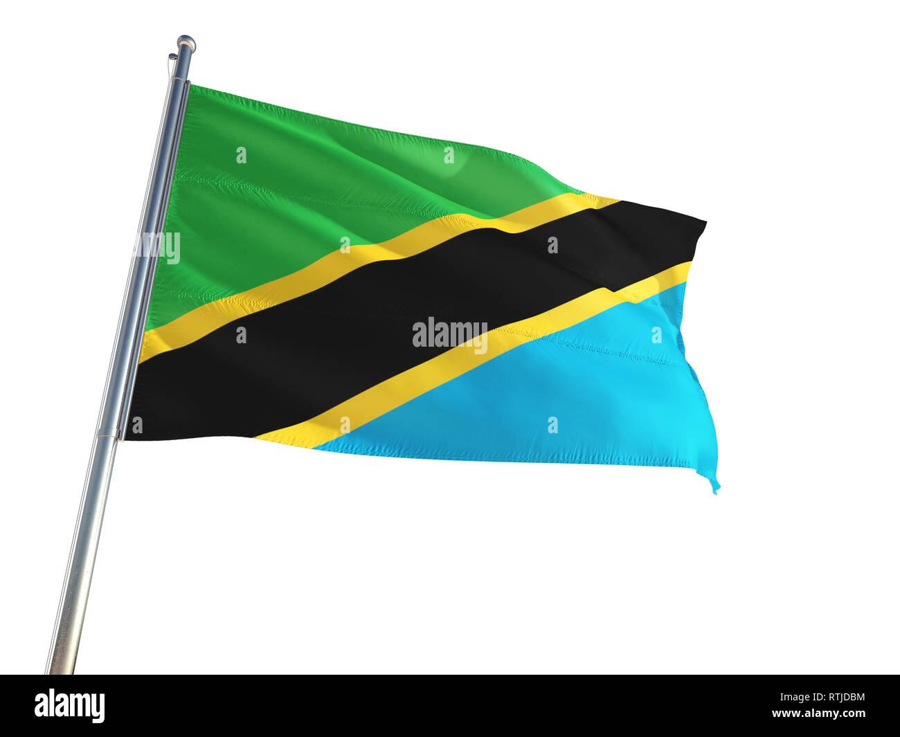 Tanzania National Flag waving in the wind, isolated white background ...