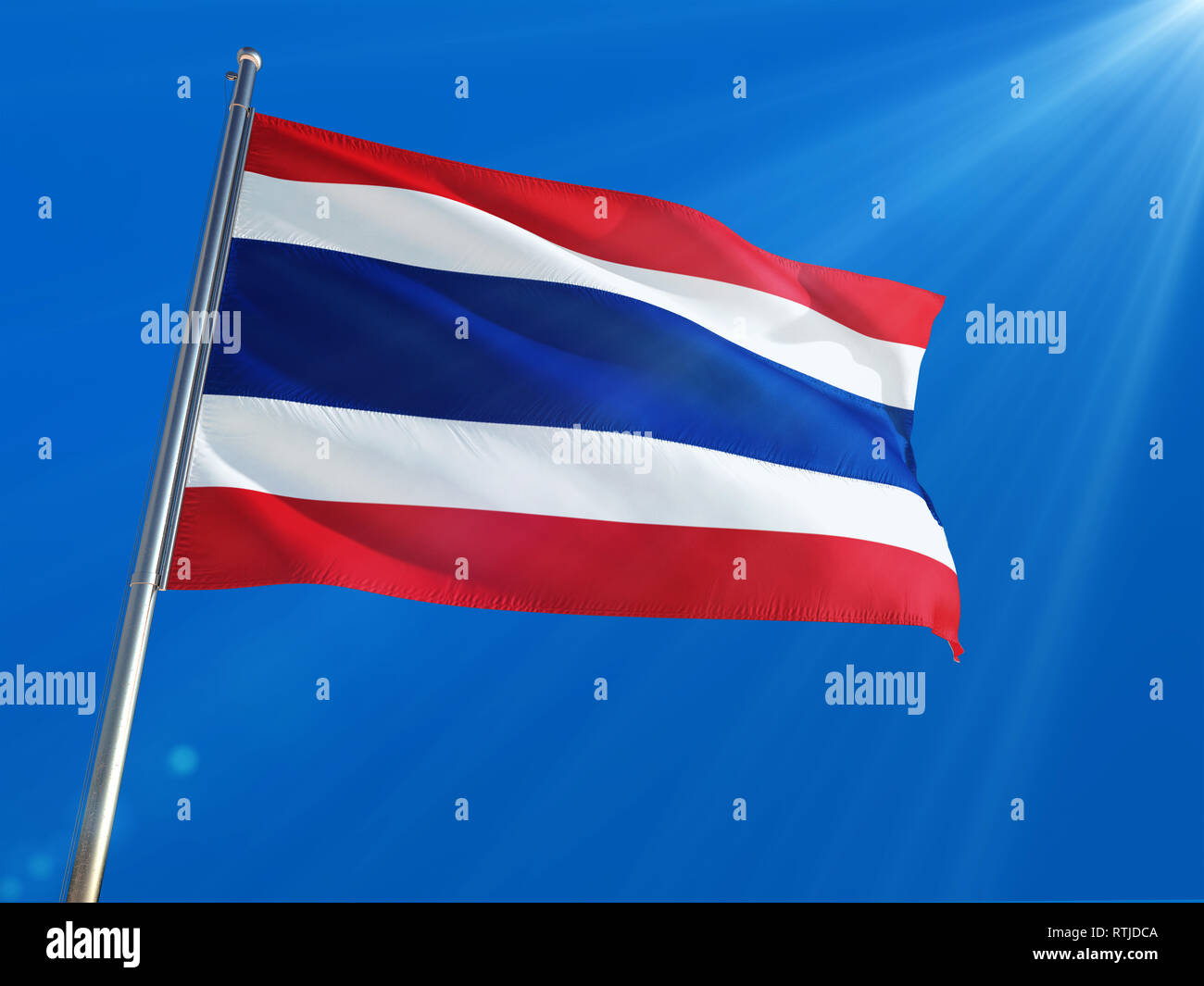 Thailand National Flag Waving on pole against deep blue sky background. High Definition Stock Photo - Alamy Thailand National Flag Waving on pole against deep blue sky background. High Definition Stock Photo - Alamy