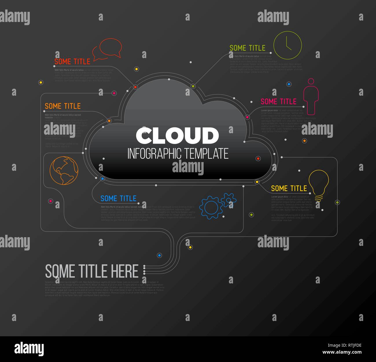 Vector Infographic report template made from lines and icons with cloud storage - dark version Stock Vector