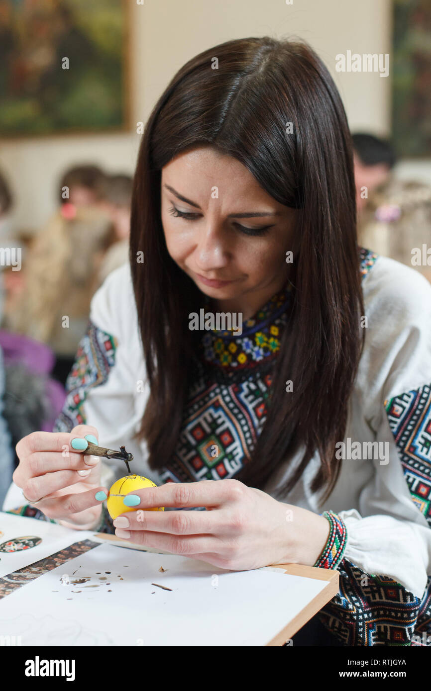 Lviv, UKRAINE March 11, 2018. Ukrainian Easter Eggs Painting
