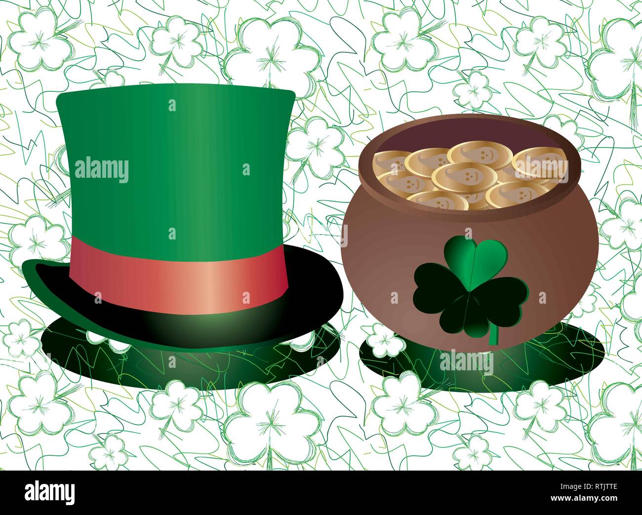Background for St. Patrick's Day decoration with green top hat and pot with leprechaun gold on hand drawn background for use in any social networks an Stock Vector