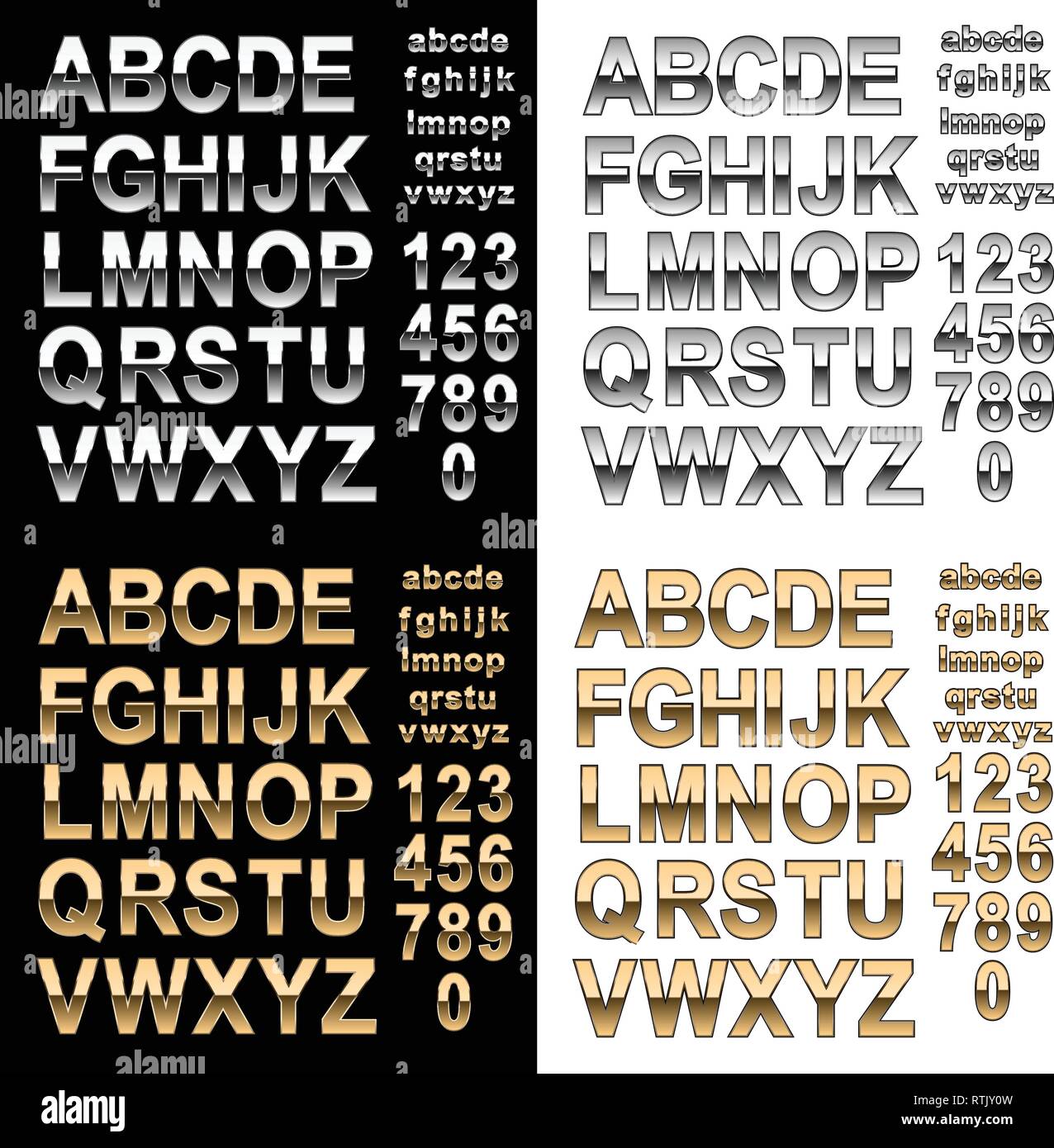 Chrome and Gold effect alphabet font with letters and numbers, bold style text vector illustration Stock Vector