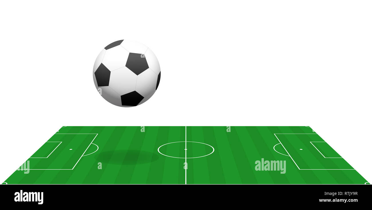 Soccer field with big bouncing soccer ball. Perspective view from the sideline - illustration on white background. Stock Photo
