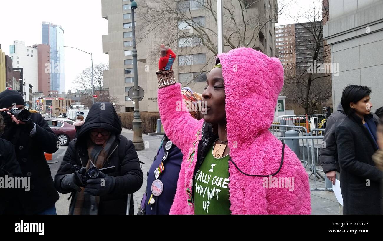 New York, USA. 1st March, 2019. Activist Patricia Okoumou leaves Federal court after beating attempt to revoke her bail. Photo: Matthew Russell Lee / Inner City Press Credit: Matthew Russell Lee/Alamy Live News Stock Photo
