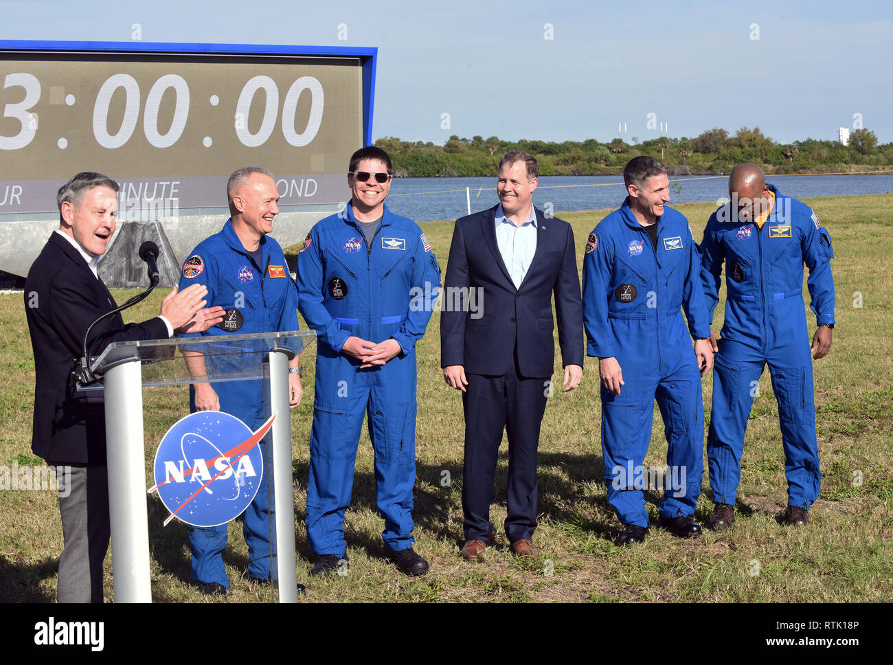 Kennedy Space Center, Florida, USA. 01st Mar, 2019. Kennedy Space Center Director Bob Cabana (L) introduces (from L) NASA Astronauts Doug Hurley and Bob Behnken, NASA Administrator Jim Bridenstine, and NASA Astronauts Mike Hopkins and Victor Glover at a press conference at the Kennedy Space Center in Florida on March 1, 2019 prior to the launch of a SpaceX Falcon 9 rocket carrying the unmanned Crew Dragon capsule. The rocket is set to lift off from Pad 39A at the Kennedy Space Center on its first flight, Demo-1, on March 2 at 2:49 a.m.EST. Credit: Paul Hennessy/Alamy Live News Stock Photo