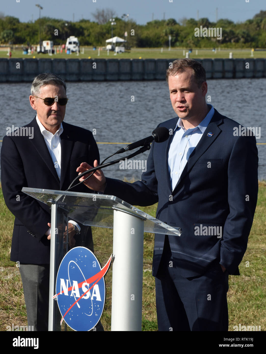 Kennedy Space Center, Florida, USA. 01st Mar, 2019. NASA Administrator Jim Bridenstine (R) speaks to the media at a press conference on March 1, 2019 as Kennedy Space Center Director Bob Cabana looks on prior to the launch of a SpaceX Falcon 9 rocket carrying the unmanned Crew Dragon capsule. The rocket is set to lift off from Pad 39A at the Kennedy Space Center on its first flight, Demo-1, on March 2 at 2:49 a.m.EST. Credit: Paul Hennessy/Alamy Live News Stock Photo