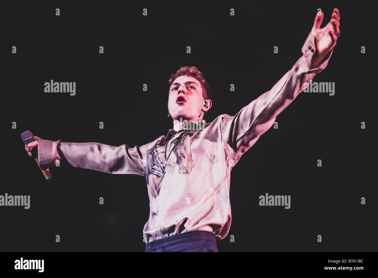 Venaria, Italy. 1st Mar 2019. The Italian singer Irama, stage name of Filippo Maria Fanti, performing live on stage for his first "Giovani per Sempre" (Forever Young) tour concert in Venaria, at the Teatro della Concordia, in front a sold out venue. Credit: Alessandro Bosio/Alamy Live News Stock Photo