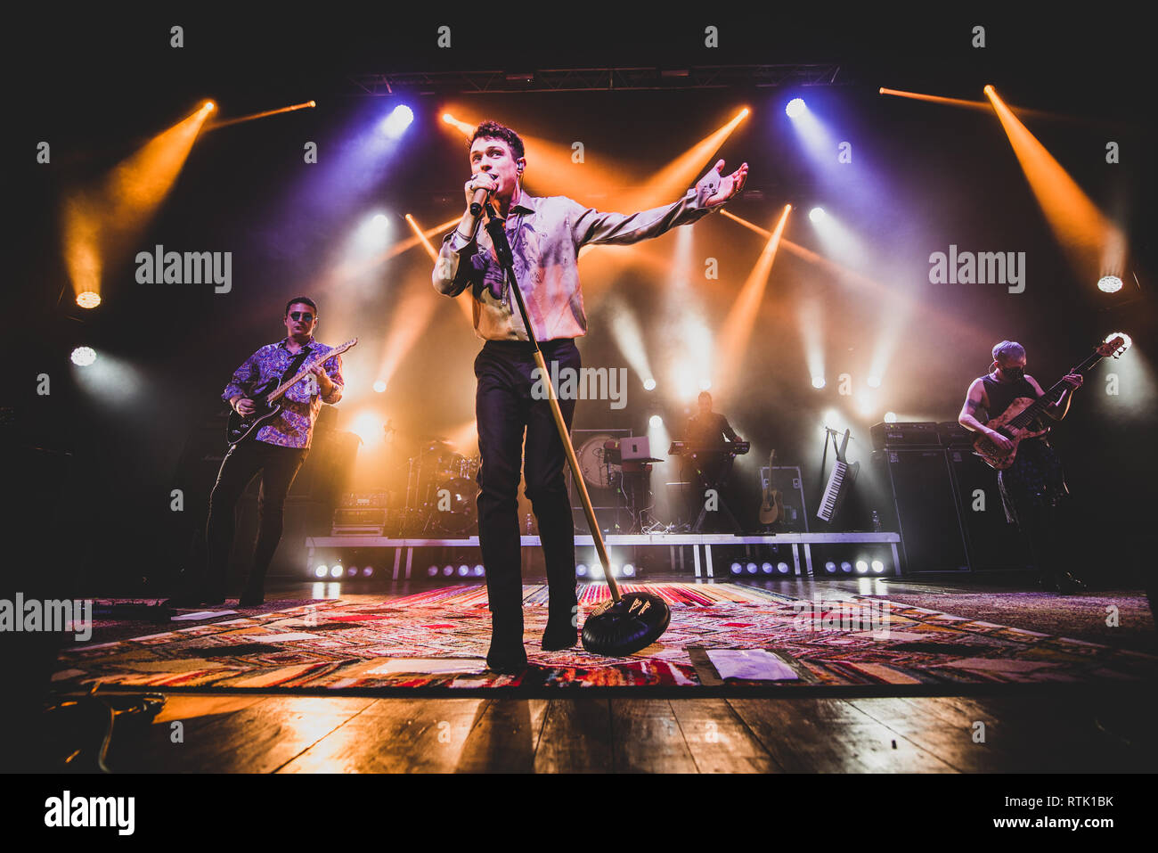 Venaria, Italy. 1st Mar 2019. The Italian singer Irama, stage name of Filippo Maria Fanti, performing live on stage for his first 'Giovani per Sempre' (Forever Young) tour concert in Venaria, at the Teatro della Concordia, in front a sold out venue. Credit: Alessandro Bosio/Alamy Live News Stock Photo