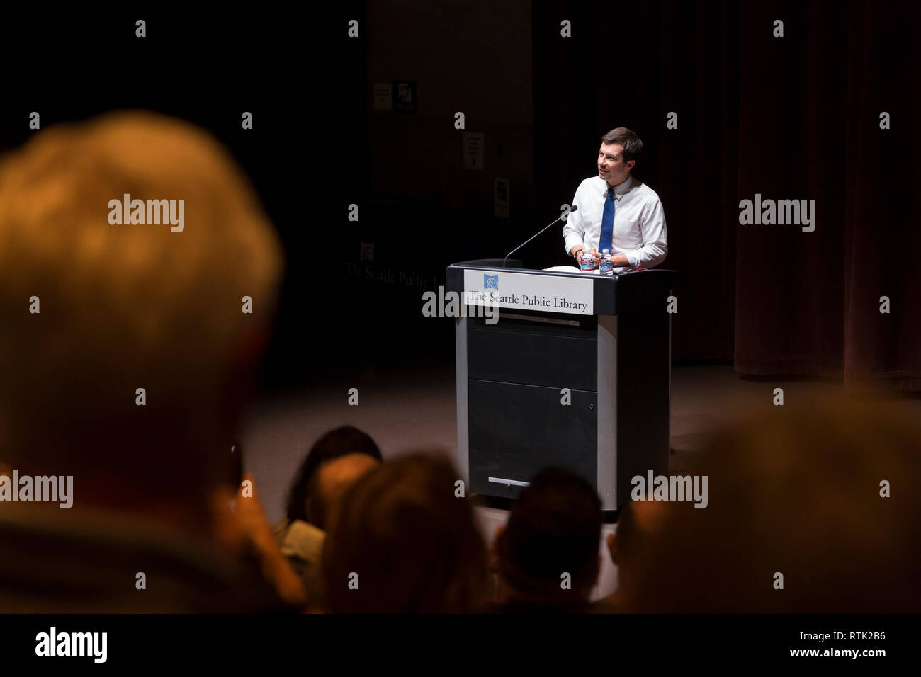 Seattle, Washington DC, USA. 28th Feb 2019. South Bend Indiana Mayor and 2020 presidential candidate Pete Buttigieg discusses his biography 'Shortest Way Home' at the Seattle Central Library. Credit: Paul Christian Gordon/Alamy Live News Stock Photo