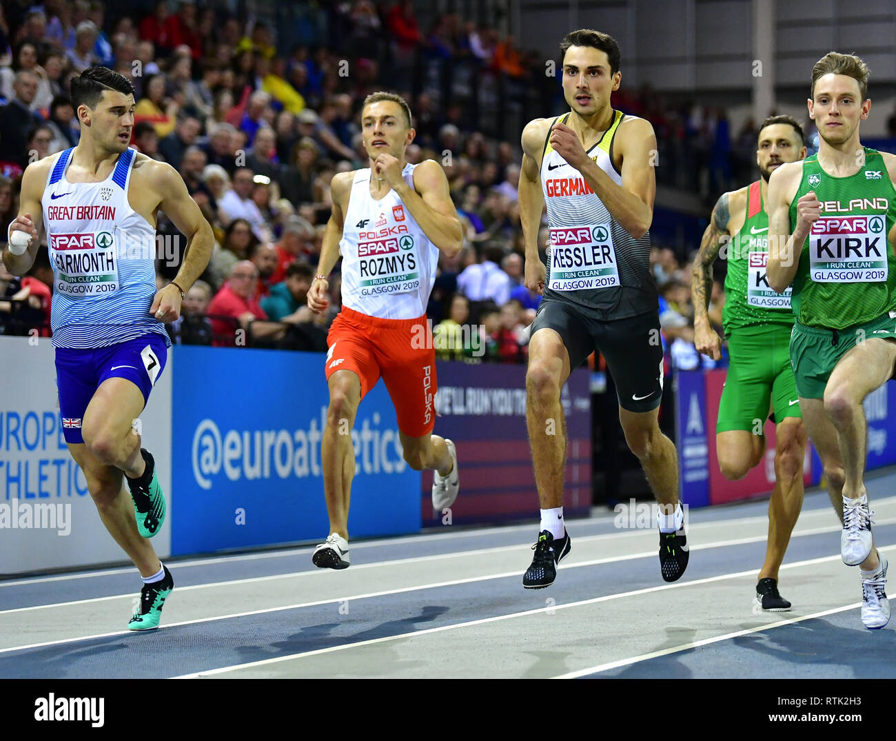 Glasgow, UK. 01st Mar, 2019. Athletics, European Indoor Championships, 800 metres, men, qualification, in the Emirates Arena: Guy Learmonth (l-r) from Great Britain, Michal Rozmys from Poland, Christoph Kessler from Germany, Tamas Kazi from Hungary and Conall Kirk from Ireland. Kessler wins the race. Credit: Soeren Stache/dpa/Alamy Live News Stock Photo