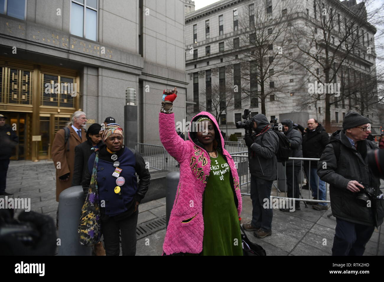 New York, NY, USA. 1 March 2019 New York US Statue of Liberty climber Patricia Okoumou leaves federal court after a magistrate judge ordered her confined to her home with electronic monitoring.  Prosecutors had ask that her bail be revoked after she was arrested for climbing a school for immigrant children in Austin, Texas, in another act of civil disobedience to protest against Trump administration immigration policies. Credit: Joseph Reid/Alamy Live News Stock Photo