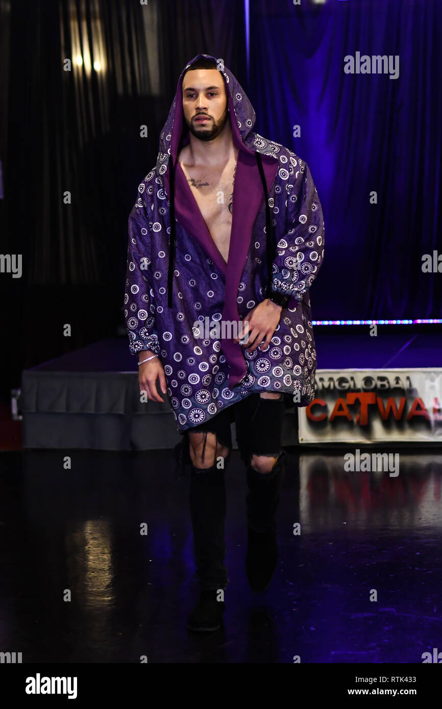 London, UK. 1sr Mar, 2019. Dyas Ali showcases a set (Vaya Lesso) at SMGlobal Catwalk - London Fashion Week F/W19 at Clayton Crown Hotel,  Cricklewood Broadway, on 1st March 2019, London, UK. Credit: Picture Capital/Alamy Live News Stock Photo