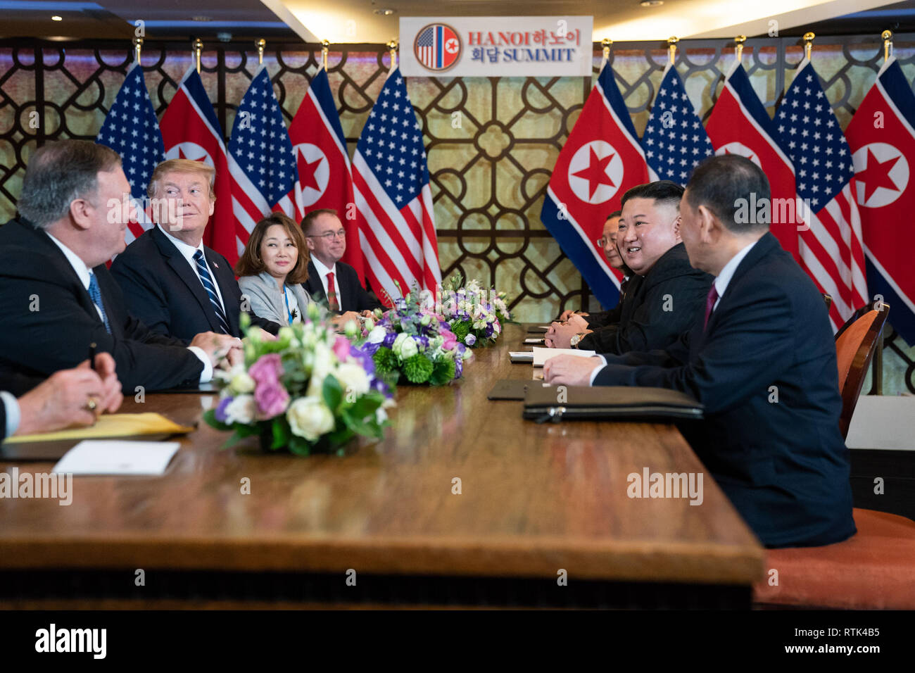 President Donald J. Trump and Kim Jong Un, Chairman of the State Affairs Commission of the Democratic PeopleÕs Republic of Korea, participate in an expanded bilateral meeting Thursday, Feb. 28, 2019, at the Sofitel Legend Metropole hotel in Hanoi.    People:  President Donald Trump, Kim Jong Un Stock Photo