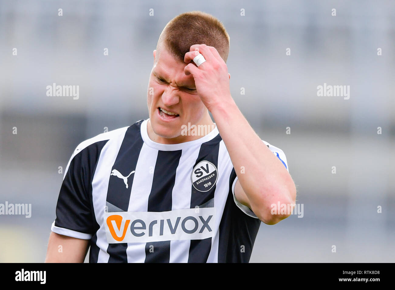 Sandhausen, Germany. 02nd Mar, 2019. Soccer: 2nd Bundesliga, SV Sandhausen - Erzgebirge Aue, 24th matchday, in Hardtwaldstadion. Sandhausens Kevin Behrens gesticulated. Credit: Uwe Anspach/dpa - IMPORTANT NOTE: In accordance with the requirements of the DFL Deutsche Fußball Liga or the DFB Deutscher Fußball-Bund, it is prohibited to use or have used photographs taken in the stadium and/or the match in the form of sequence images and/or video-like photo sequences./dpa/Alamy Live News Stock Photo