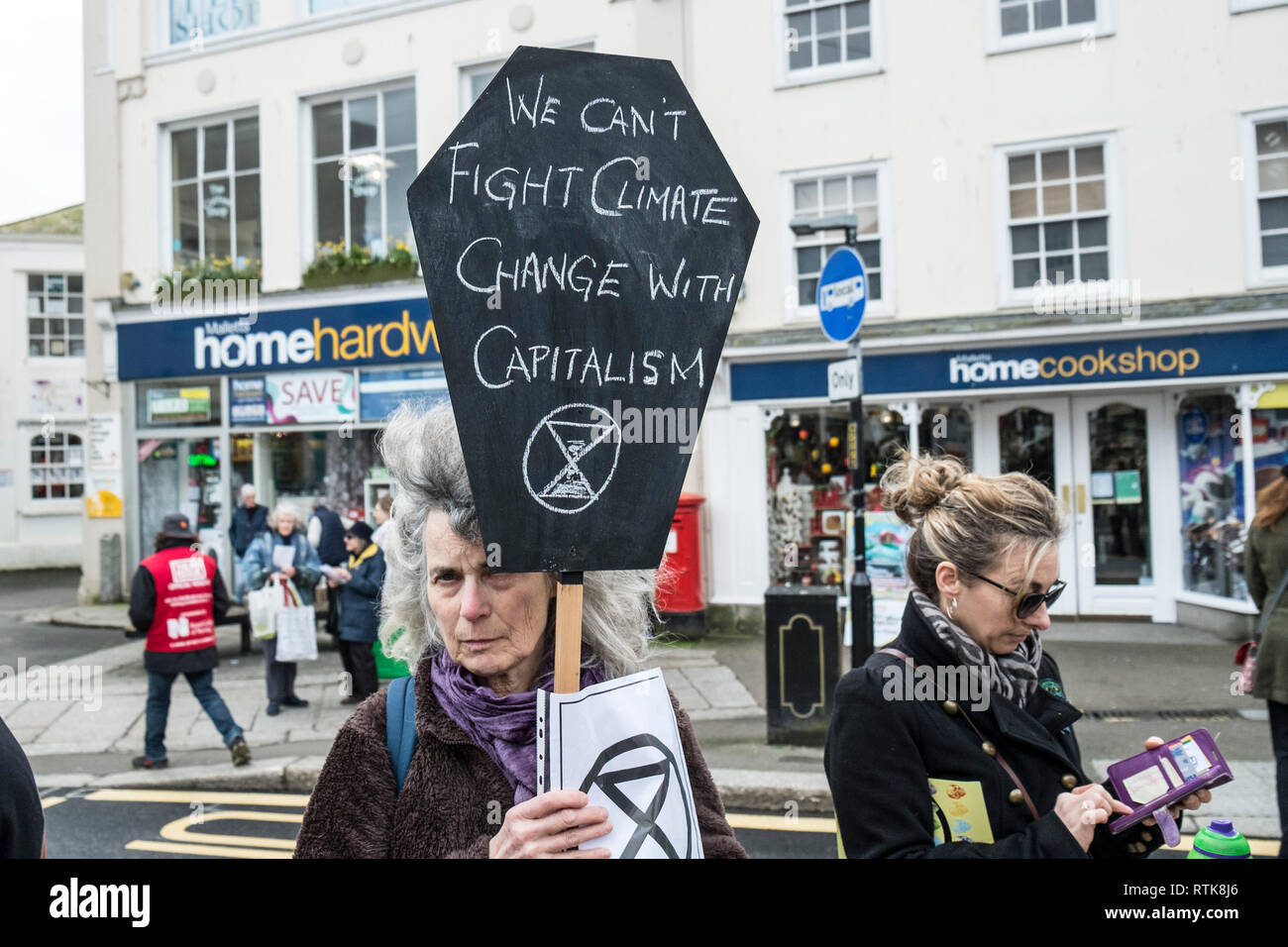 Truro, Cornwall, UK. 2nd Mar, 2019. A protest by Extinction Rebellion brings Truro City centre to a halt as members gather to hear speeches concerning the ecological crisis the world now faces. Credit: Gordon Scammell/Alamy Live News Stock Photo
