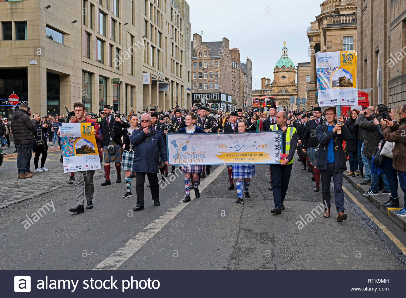 Edinburgh, United Kingdom. 2nd March 2019. Iranian and Scottish Bagpipe parade marching down