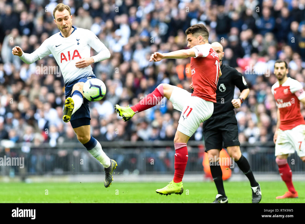 London Uk 2nd March 2019 Christian Eriksen Of Tottenham Hotspur And Lucas Torreira Of Arsenal During The Premier League Match Between Tottenham Hotspur And Arsenal At Wembley Stadium London England On 2
