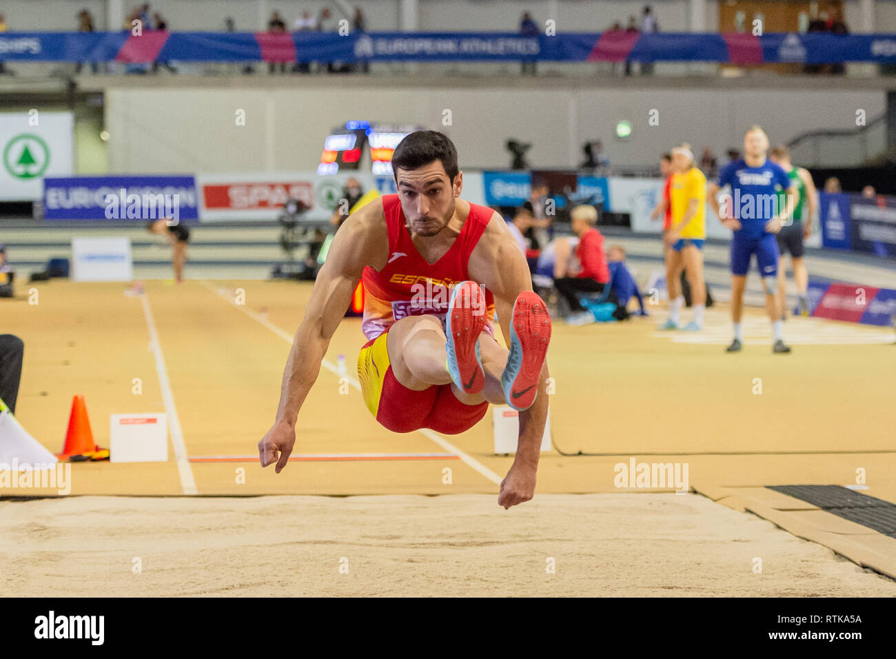 Glasgow, UK. 2nd March 2019. Jorge Urena (ESP) in Men's Long Jump Heptathlon Rounds during European Athletics Indoor Championships Glasgow 2019 at Emirates Arena on Saturday, 02 March 2019. GLASGOW SCOTLAND.  (Editorial use only, license required for commercial use. No use in betting, games or a single club/league/player publications.) Credit: Taka G Wu/Alamy News Stock Photo