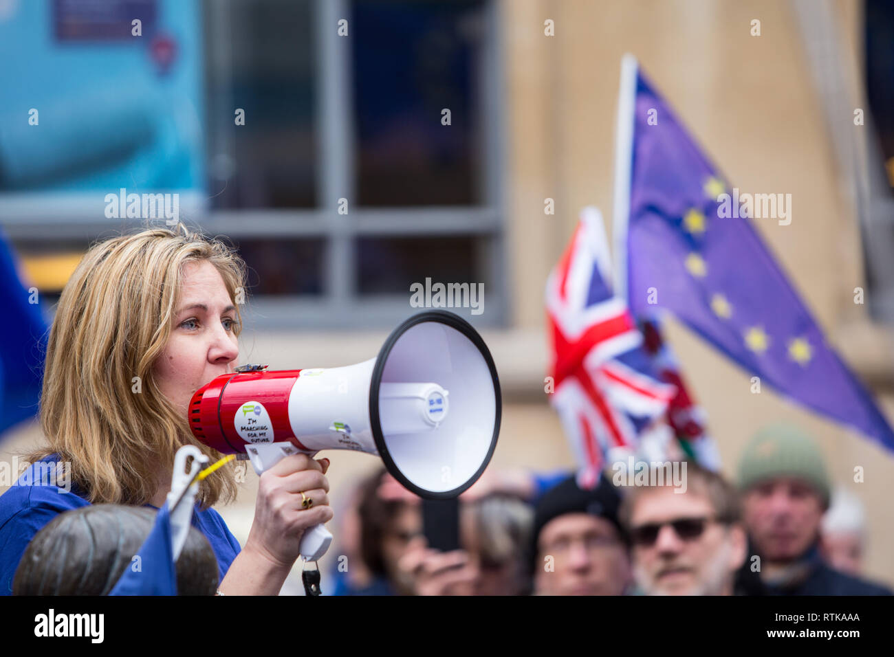 Cardiff, Wales, UK. 2nd March 2019. Several hundred people attended an anti-brexit march in Cardiff today, 2nd March 2019. The march, organised by the Cardiff for Europe group, assembled outside cardiff's Central Library before walking through Cardiff's busiest shopping area. Local Labour MPs, Jo Stevens and Anna McMorrin gave short speeches and were joined by other speakers, including Adam Price, the leader of Plaid Cymru. Credit: Chris Stevenson/Alamy Live News Stock Photo