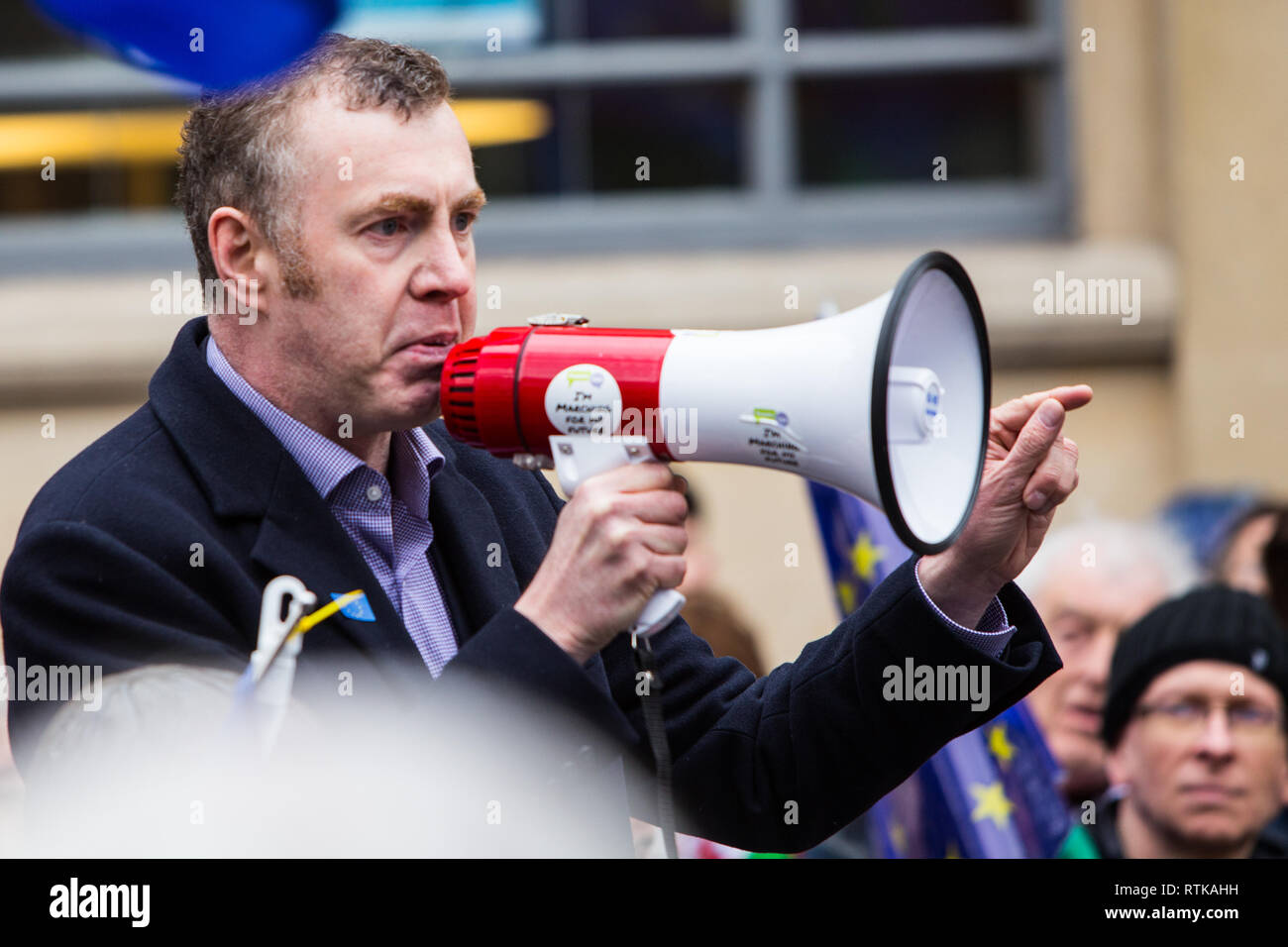 Cardiff, Wales, UK. 2nd March 2019. Several hundred people attended an anti-brexit march in Cardiff today, 2nd March 2019. The march, organised by the Cardiff for Europe group, assembled outside cardiff's Central Library before walking through Cardiff's busiest shopping area. Local Labour MPs, Jo Stevens and Anna McMorrin gave short speeches and were joined by other speakers, including Adam Price, the leader of Plaid Cymru. Credit: Chris Stevenson/Alamy Live News Stock Photo